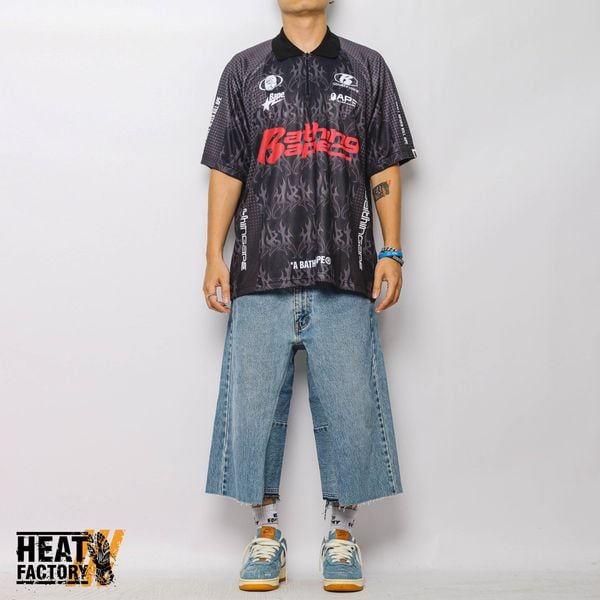  Bape Polo Shirt Flame Pattern Overall Print Half Zip Relax Fit (Black) 