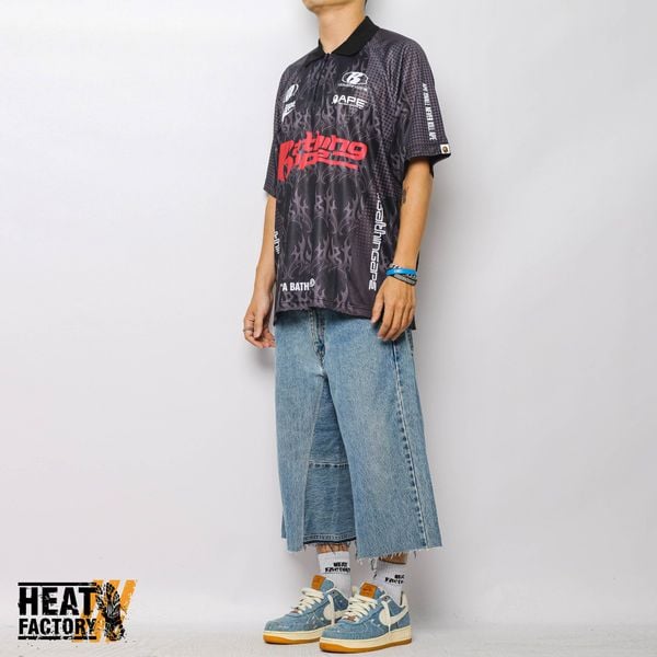  Bape Polo Shirt Flame Pattern Overall Print Half Zip Relax Fit (Black) 