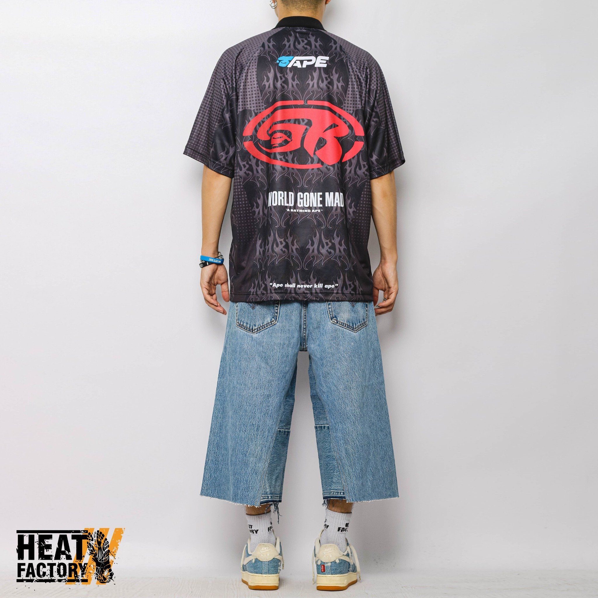  Bape Polo Shirt Flame Pattern Overall Print Half Zip Relax Fit (Black) 