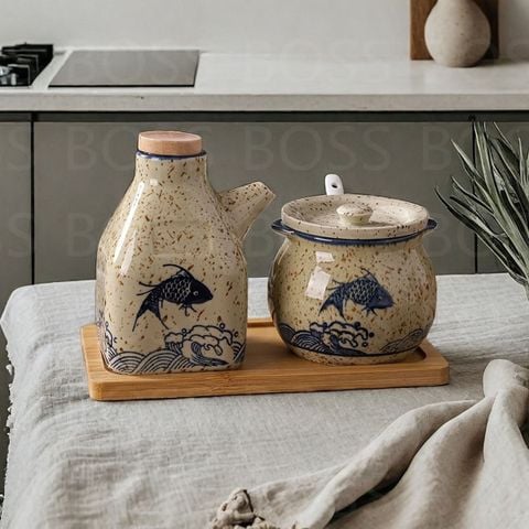BỘ 2 HŨ ĐỰNG GIA VỊ HOẠ TIẾT CÁ
