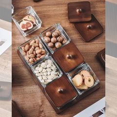 BỘ KHAY GỖ ĐỰNG SNACK 6 HŨ HÌNH VUÔNG