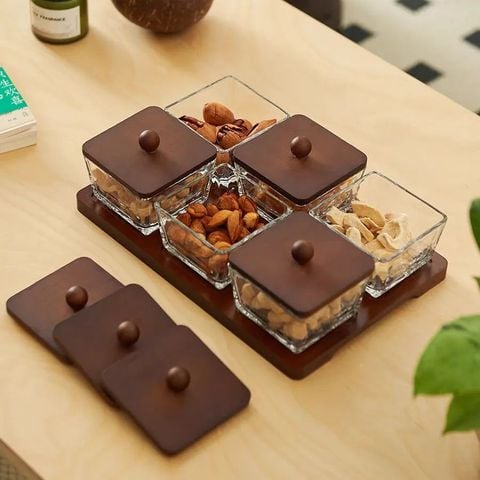 BỘ KHAY GỖ ĐỰNG SNACK 6 HŨ HÌNH VUÔNG