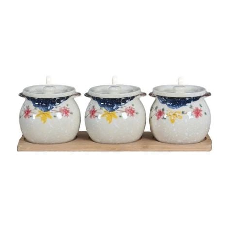 BỘ 3 HŨ GIA VỊ HÌNH HOA KÈM KHAY GỖ
