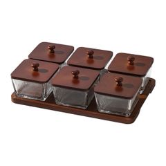 BỘ KHAY GỖ ĐỰNG SNACK 6 HŨ HÌNH VUÔNG