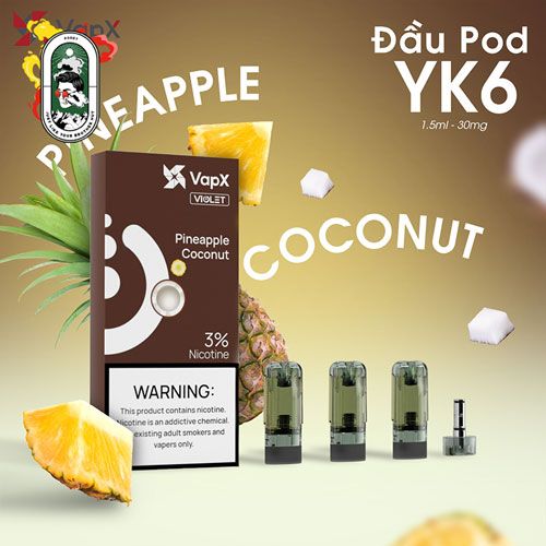 Pack 3 Đầu Pod VapX Violet YK6 kèm 1 Coil Pineapple Coconut Chính Hãng 