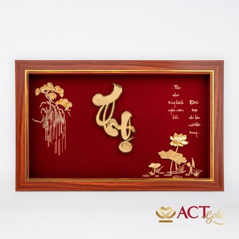 Quà tặng Tranh Chữ Thọ Hoa Sen dát vàng 24k ACT GOLD ISO 9001:2015