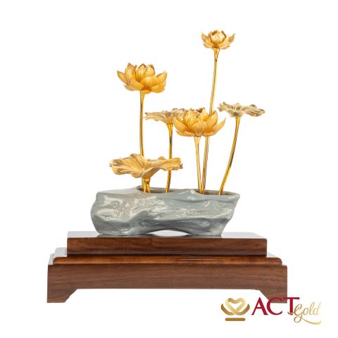 Quà tặng Chậu Sen 6 Cành dát vàng 24k ACT GOLD ISO 9001:2015