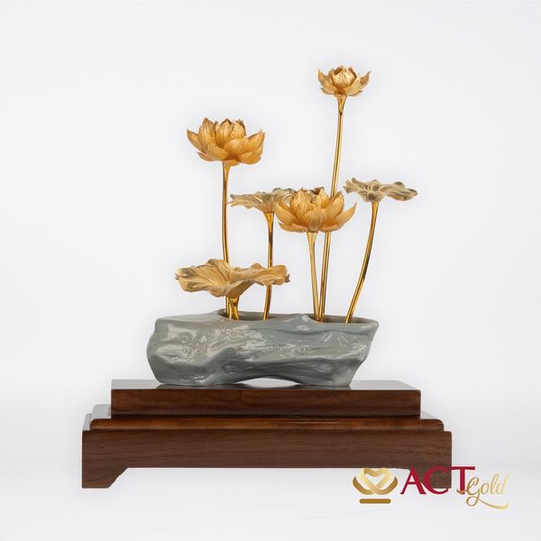 Quà tặng Chậu Sen 6 Cành dát vàng 24k ACT GOLD ISO 9001:2015