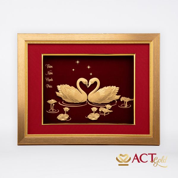 Quà tặng tranh Đôi Thiên Nga dát vàng 24k ACT GOLD ISO 9001:2015 (Mẫu 4)