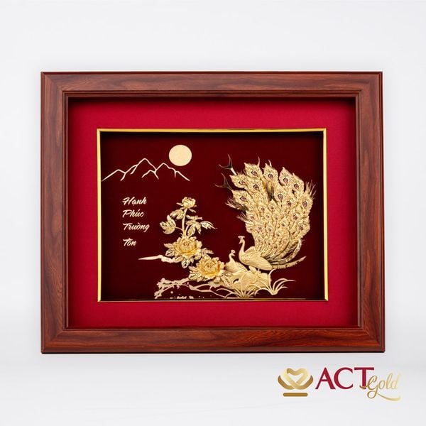 Quà tặng tranh Đôi Chim Công dát vàng 24k ACT GOLD ISO 9001:2015 (mẫu 18)