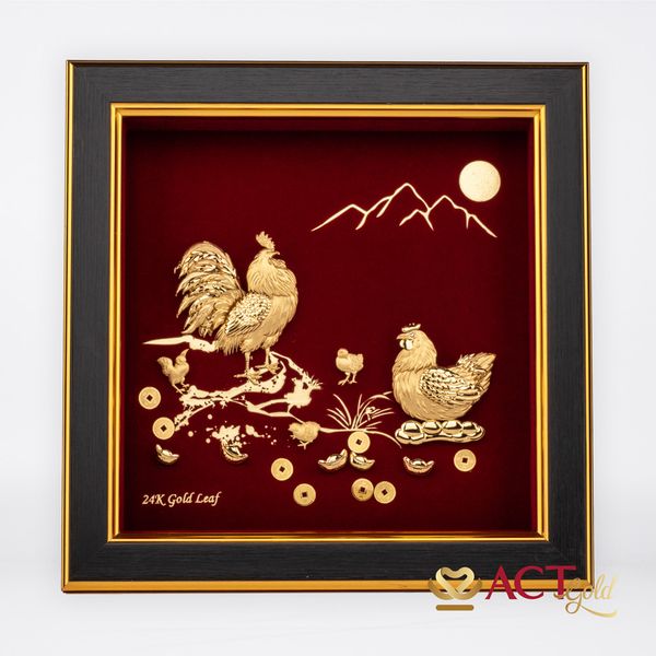 Quà tặng tranh Đàn Gà dát vàng 24k ACT GOLD ISO 9001:2015