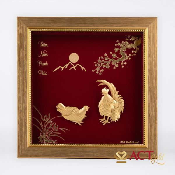 Quà tặng tranh Đôi Gà Tre dát vàng 24k ACT GOLD ISO 9001:2015