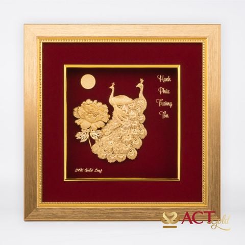 Quà tặng tranh Đôi Chim Công dát vàng 24k ACT GOLD ISO 9001:2015 (Mẫu 4)