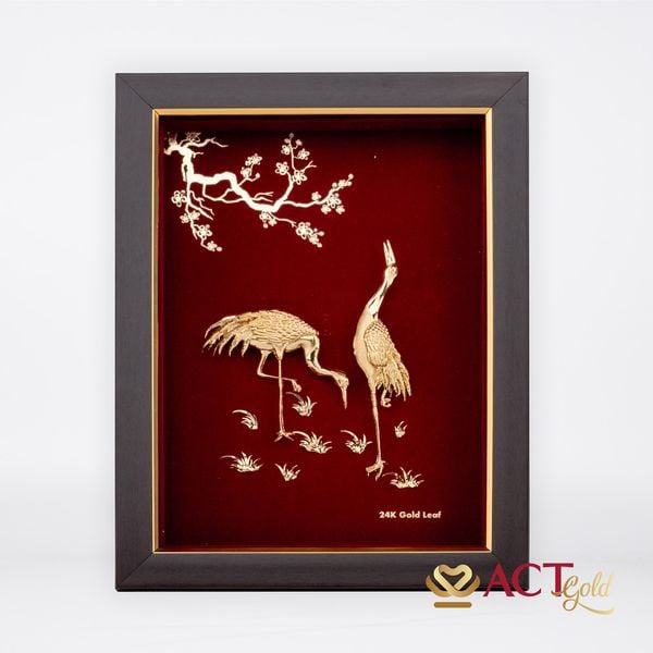 Quà tặng tranh Đôi Chim Hạc dát vàng 24k ACT GOLD ISO 9001:2015 (Mẫu3)