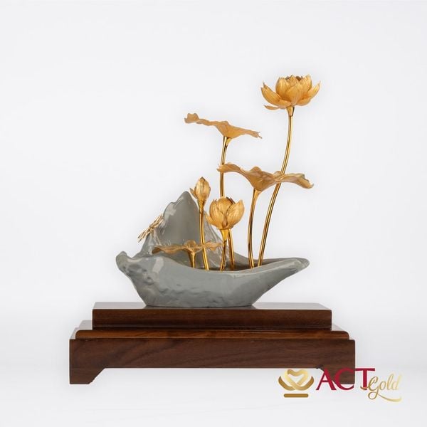 Quà tặng Chậu Sen 6 Cành Chuồn Chuồn dát vàng 24k ACT GOLD ISO 9001:2015