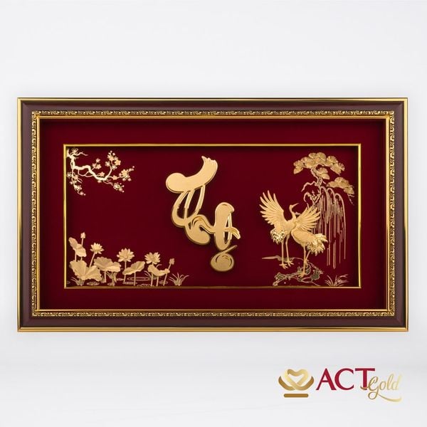 Quà tặng Tranh Chữ Thọ Hoa Sen dát vàng 24k ACT GOLD ISO 9001:2015