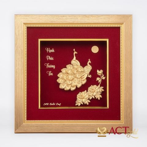 Quà tặng tranh Đôi Chim Công dát vàng 24k ACT GOLD ISO 9001:2015 (Mẫu 3)