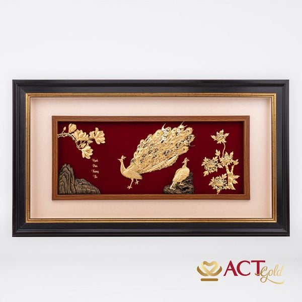 Quà tặng tranh Đôi Chim Công dát vàng 24k ACT GOLD ISO 9001:2015 (Mẫu 9)