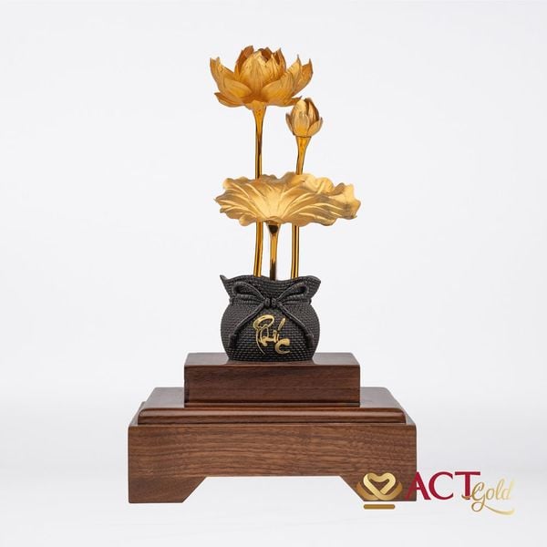 Quà tặng Chậu Sen 3 Cành dát vàng 24k ACT GOLD ISO 9001:2015(Mẫu 1)