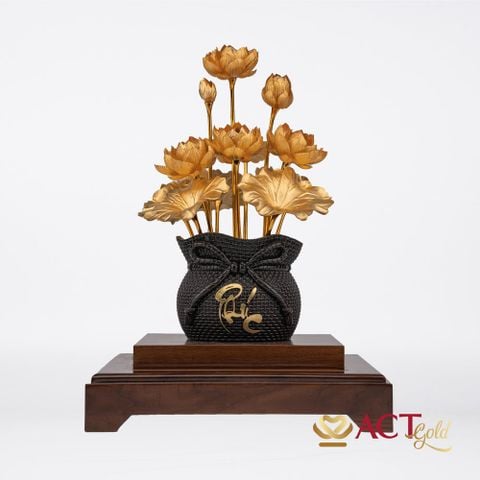 Quà tặng Chậu Sen 12 Cành Chữ Phúc dát vàng 24k ACT GOLD ISO 9001:2015