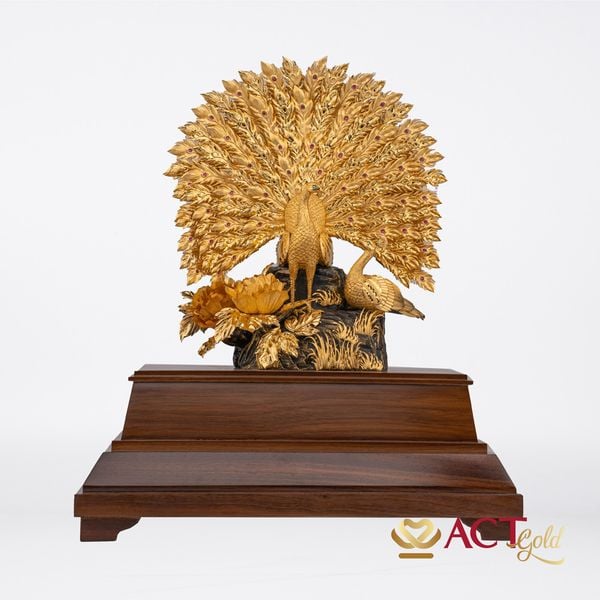 Quà tặng Tượng Đôi Chim Công dát vàng 24k ACT GOLD ISO 9001:2015