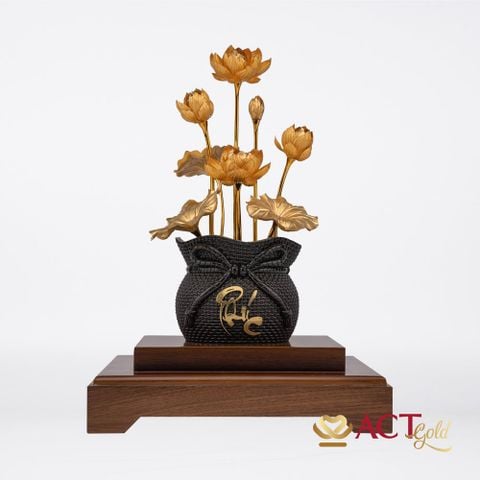 Quà tặng Chậu Sen 8 Cành Chữ Phúc dát vàng 24k ACT GOLD ISO 9001:2015