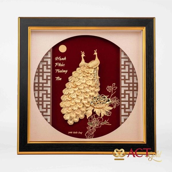Quà tặng tranh Đôi Chim Công dát vàng 24k ACT GOLD ISO 9001:2015