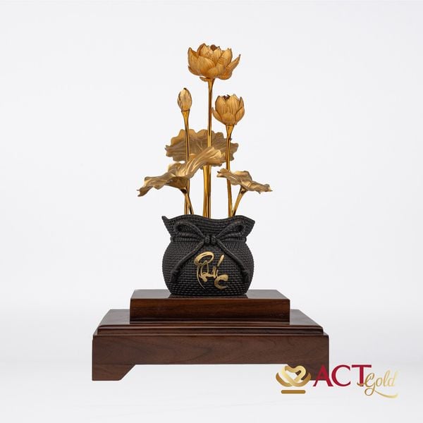 Quà tặng Chậu Sen 6 Cành dát vàng 24k ACT GOLD ISO 9001:2015