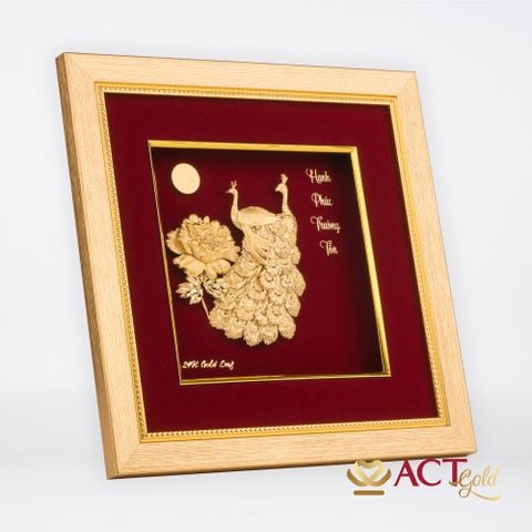 Quà tặng tranh Đôi Chim Công dát vàng 24k ACT GOLD ISO 9001:2015 (Mẫu 4)