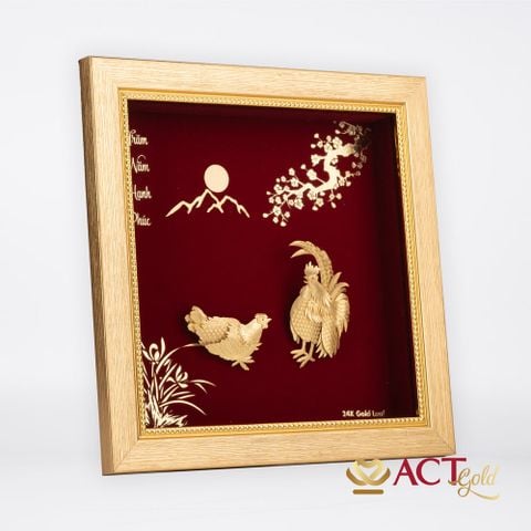 Quà tặng tranh Đôi Gà Tre dát vàng 24k ACT GOLD ISO 9001:2015