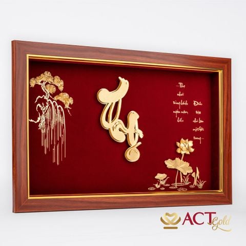 Quà tặng Tranh Chữ Thọ Hoa Sen dát vàng 24k ACT GOLD ISO 9001:2015