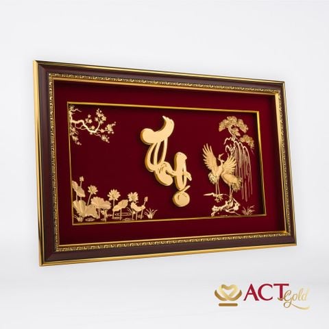Quà tặng Tranh Chữ Thọ Hoa Sen dát vàng 24k ACT GOLD ISO 9001:2015