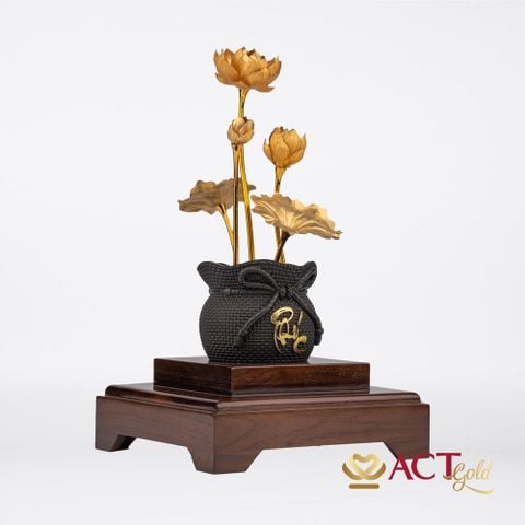 Quà tặng Chậu Sen 5 Cành dát vàng 24k ACT GOLD ISO 9001:2015(Mẫu 1)