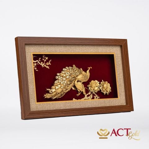 Quà tặng tranh Đôi Chim Công dát vàng 24k ACT GOLD ISO 9001:2015 (Mẫu 16)