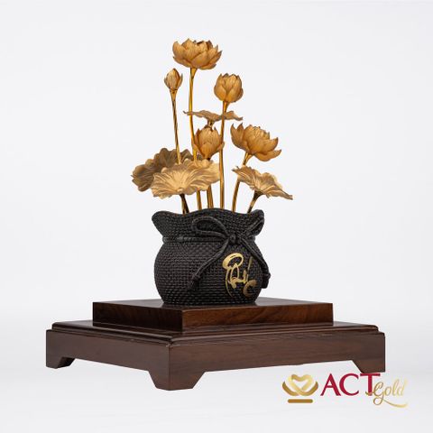 Quà tặng Chậu Sen 9 Cành Chữ Phúc dát vàng 24k ACT GOLD ISO 9001:2015