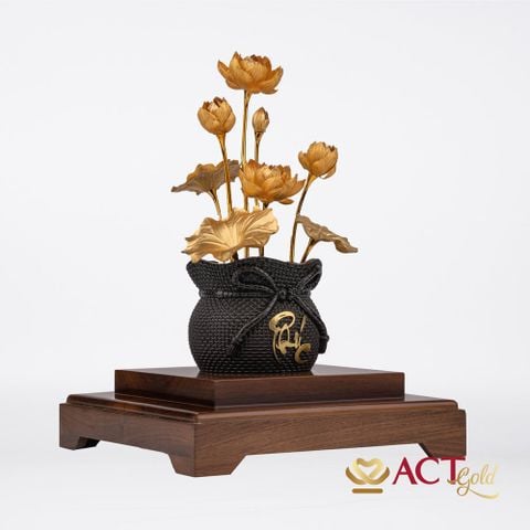 Quà tặng Chậu Sen 8 Cành Chữ Phúc dát vàng 24k ACT GOLD ISO 9001:2015