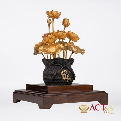 Quà tặng Chậu Sen 12 Cành Chữ Phúc dát vàng 24k ACT GOLD ISO 9001:2015