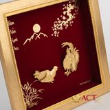 Quà tặng tranh Đôi Gà Tre dát vàng 24k ACT GOLD ISO 9001:2015