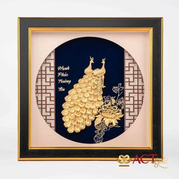 Quà tặng tranh Đôi Chim Công dát vàng 24k ACT GOLD ISO 9001:2015 (Mẫu 5)