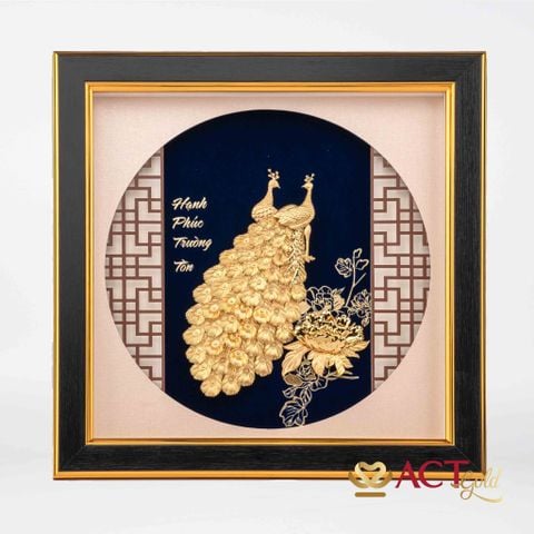 Quà tặng tranh Đôi Chim Công dát vàng 24k ACT GOLD ISO 9001:2015 (Mẫu 5)
