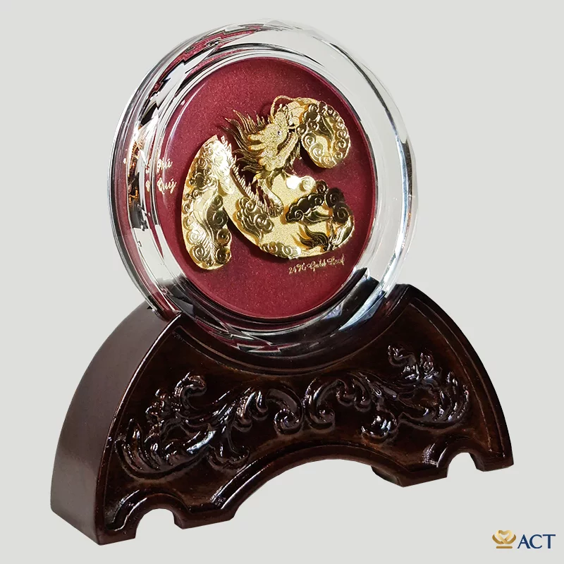 Quà tặng Chặn Giấy Chữ Tâm Hóa Rồng Pha Lê Vàng Lá 24k ACT GOLD ISO 90