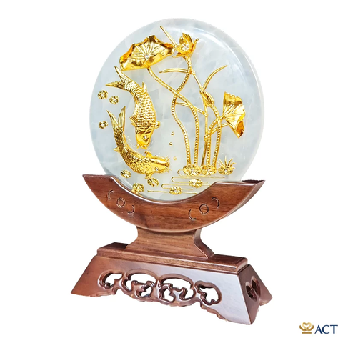 Quà tặng Đĩa Ngọc Cá Chép Hoa Sen dát vàng 24k ACT GOLD ISO 9001:2015 (Mẫu 3)