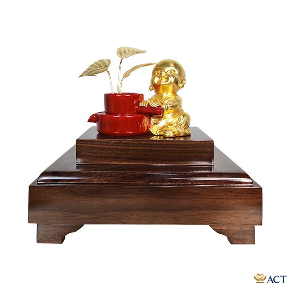 Quà tặng Tượng Chú Tiểu Bên Chậu Vạn Niên dát vàng 24k ACT GOLD ISO 9001:2015