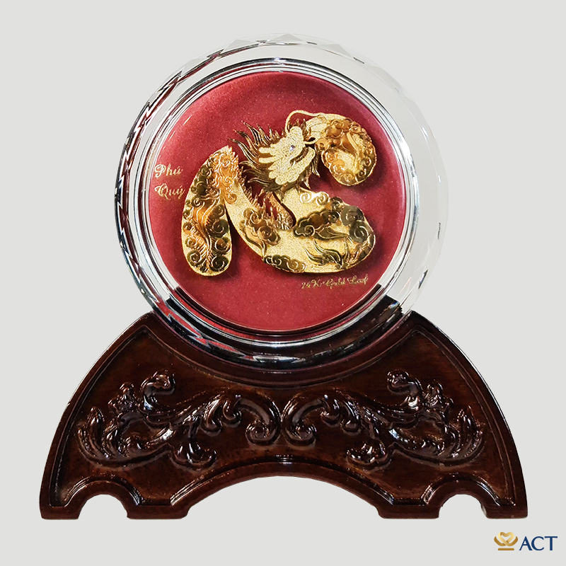 Quà tặng Chặn Giấy Chữ Tâm Hóa Rồng Pha Lê Vàng Lá 24k ACT GOLD ISO 90