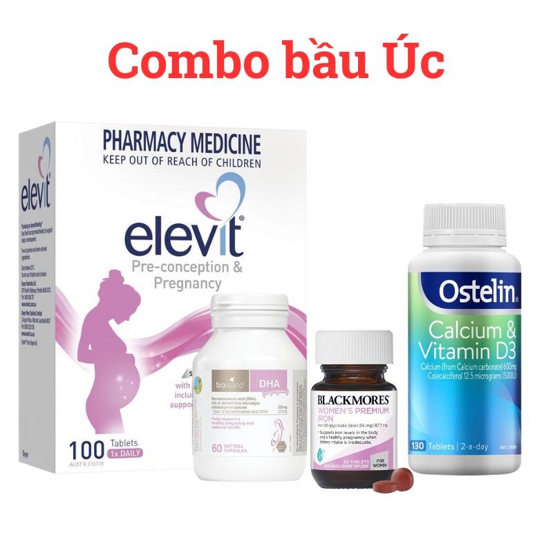 Combo bộ tứ bầu Úc Elevit, DHA Bio Island, canxi Ostelin, sắt Blackmores