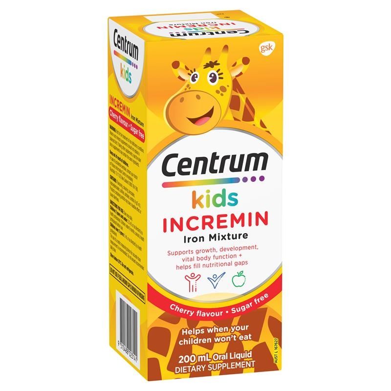 Siro cho trẻ biếng ăn Centrum Kids Incremin Iron Mixture 200ml của Úc (Mẫu mới) hương vị cherry cho bé