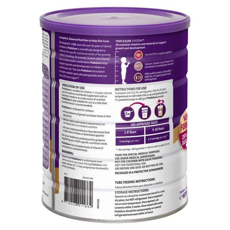 Sữa PediaSure Úc nắp tím vị vani 850g cho bé 1-10 tuổi