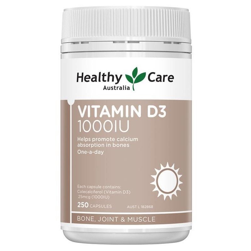 Viên uống bổ sung vitamin D3 1000IU Healthy Care hộp 250 viên của Úc