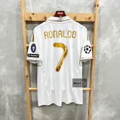 ÁO ĐẤU REAL MADRID 2011/12 RETRO HÀNG THÁI SÂN NHÀ TRẮNG SỌC VÀNG TAY NGẮN IN LOGO C1 & RONALDO #7