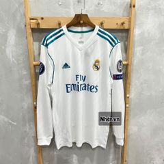 ÁO ĐẤU REAL MADRID 2017/18 RETRO HÀNG THÁI SÂN NHÀ TRẮNG SỌC XANH TAY DÀI IN FULL LOGO CHI TIẾT CK & RONALDO #7